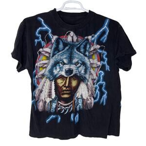Vintage American Thunder Shirt Men's Medium Warrior Wolf Lightning Single Stitch